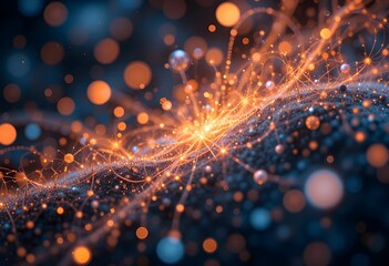 Obraz premium glowing network connections with bokeh effect and data particles on dark background