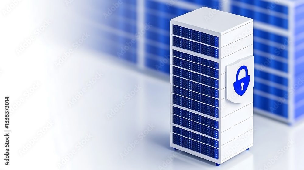 Poster modern data server with security icon showcasing cloud computing and data protection concepts