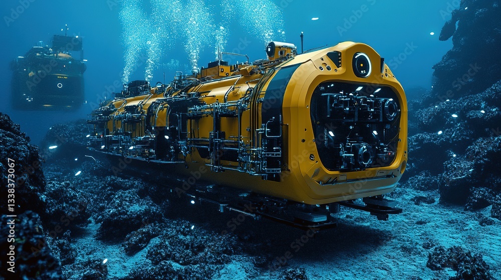 Poster a futuristic subaquatic factory using robotic automation for deep-sea projects.