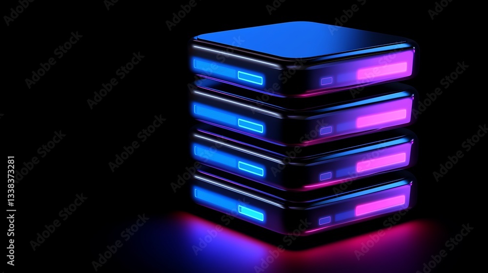 Poster modern data storage server with colorful neon lights on a dark background for tech and digital conce