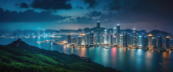 Aerial perspective of Downtown and Harbour. Financial district and business hubs in a smart city, technology theme. Skyscrapers and high-rise structures at night.