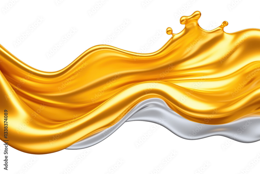 Poster dynamic wave of golden and silver liquid splashes against transparency background, creating sense of
