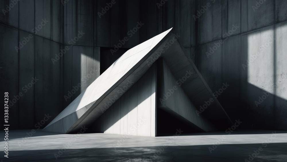 Poster an impressive concrete structure partially lit, showcasing unique angles and shapes that convey a se