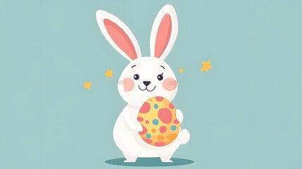 Adorable Easter Bunny Holding Decorated Egg Spring Holiday Illustration Cute Cartoon Rabbit