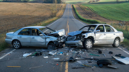 Obraz premium A serious car accident scene showing two white cars severely damaged after a head-on collision, with debris scattered on the road. Can be used for safety campaigns, driving awareness, and road acciden