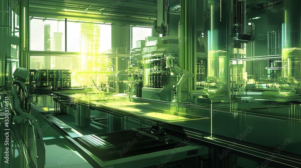 Poster a high-speed production floor where bionic robotics enhance precision.