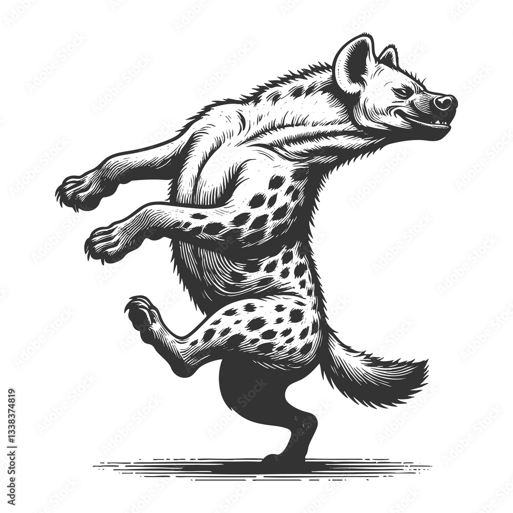 Poster hyena standing upright and dancing, featuring intricate line work in a vintage etching style sketch 