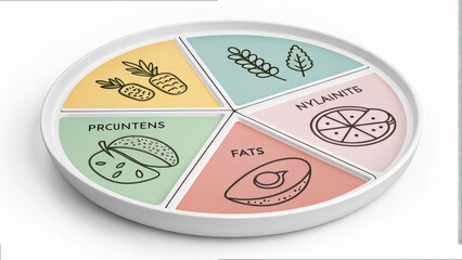 This features divided plate illustrating balanced diet with sections for proteins, carbohydrates, fats, and other nutrients. Each section is color coded and labeled with icons representing