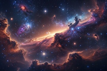 Naklejka premium Deep Space Cosmic Adventure Discovering Vibrant Stars and Ethereal Nebulae