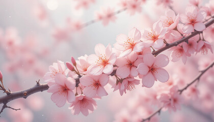 Obraz premium Blooming cherry blossom branches in soft pink tones against a dreamy background 