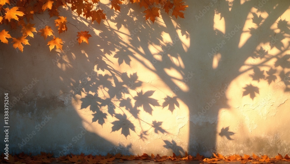 Poster autumn backdrop featuring the shadow of maple tree leaves cast on a wall. abstract depiction.