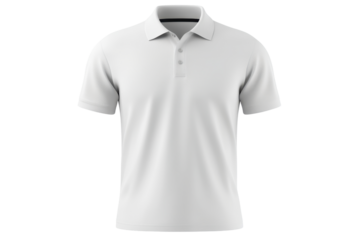 plain white polo shirt with classic collar and short sleeves is displayed against transparency background, highlighting its simple and versatile design