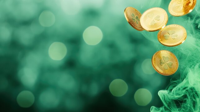 Golden Clover Coins Drift In Magical Green Smoke
