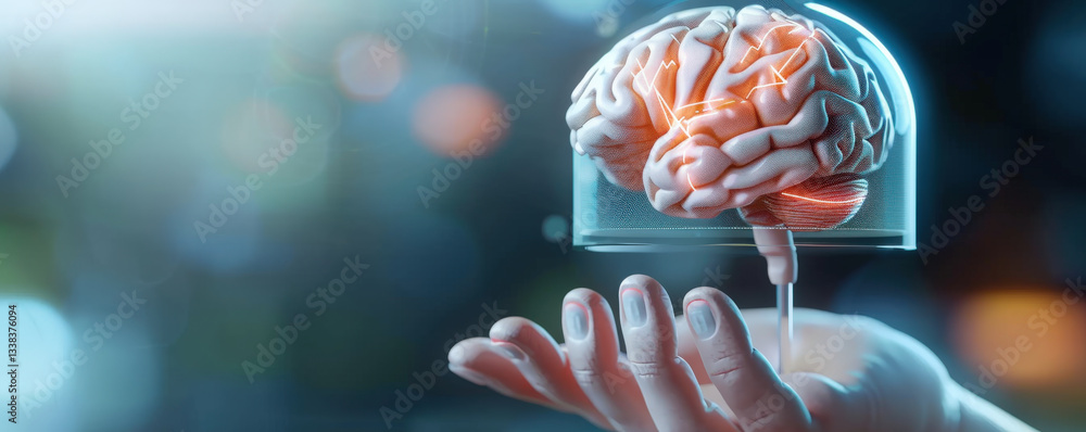 Fototapete hand holds holographic brain, glowing with neural activity, symbolizing advanced technology and innovation neuroscience. futuristic setting highlights intersection of human and digital