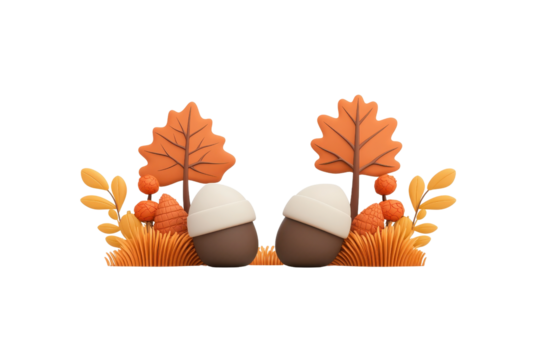 Autumn themed illustration with acorns, orange leaves, and foliage, evoking cozy seasonal atmosphere - Powered by Adobe