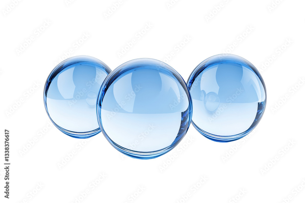 Poster three transparent blue glass spheres are arranged in row, reflecting light and creating serene, mini
