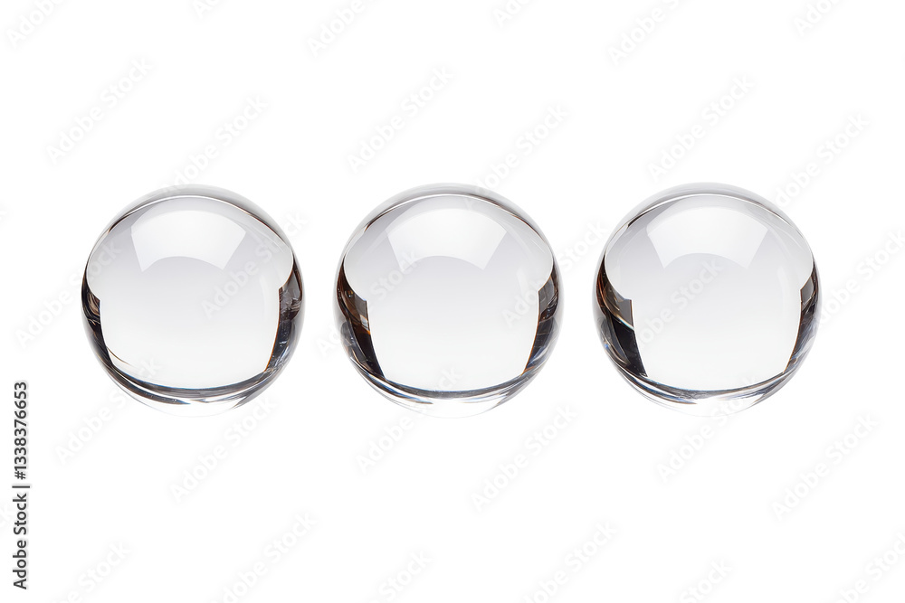 Poster three clear glass spheres are aligned in row on transparency background, showcasing their reflective
