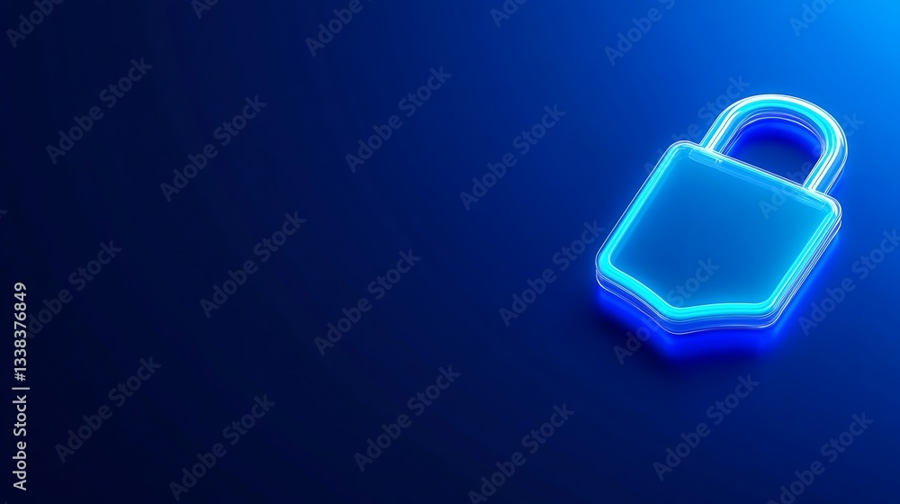 Poster neon blue padlock symbol on dark background representing digital security and data protection concep