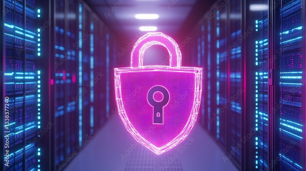 Poster neon digital lock symbol in a data center representing cybersecurity and data protection concepts