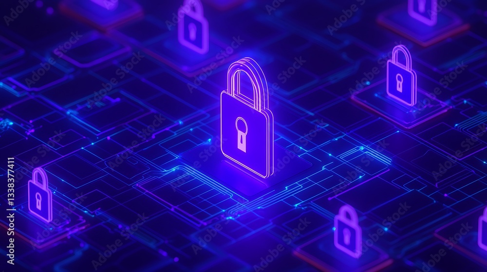 Poster neon digital locks with circuit board background for cyber security and data protection concepts