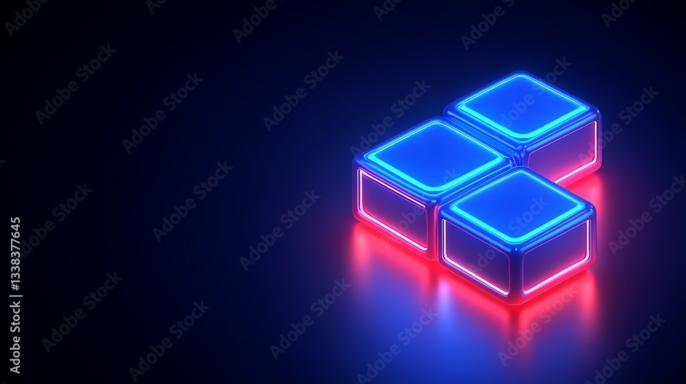Poster neon glow blocks in blue and red light on dark background for modern digital design concepts