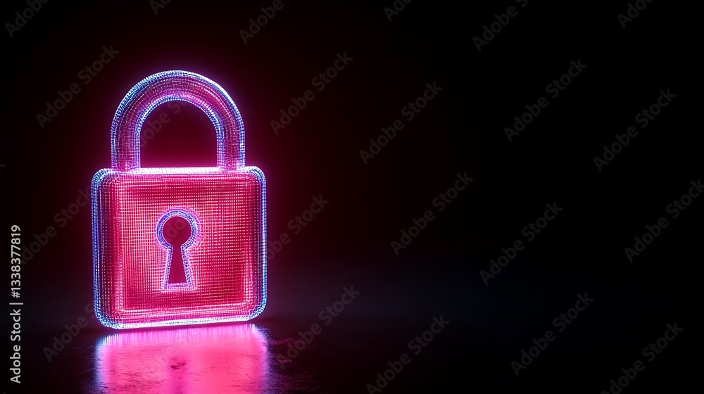 Poster neon glow of a digital lock symbol with a keyhole on a dark background for security concept