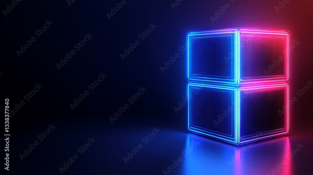 Poster neon glowing cubes isolated on dark background with vibrant light reflection and futuristic design e