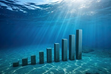 bar chart at deep sea floor. Economic crisis and financial decline