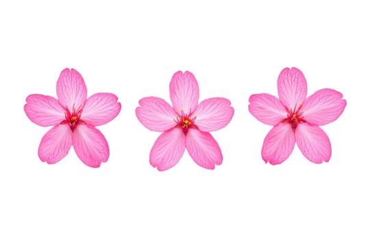 Three vibrant pink flowers with delicate petals are arranged in row against transparency background, showcasing their intricate details and natural beauty