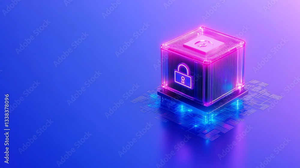 Poster neon glowing secure lock icon on digital cube with futuristic background for cybersecurity themes