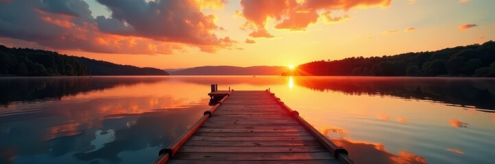 Fototapeta premium Sunset casts golden light on a wooden dock stretching across Torch Lake's still surface , relaxing, evening, golden light