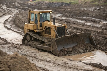 Obraz premium Bulldozer sink in mud water. Construction hazard due to difficult terrain