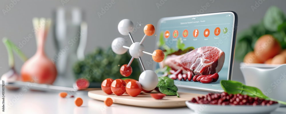 Poster digital tablet displays 3d molecular model alongside fresh vegetables and meat, symbolizing intersec