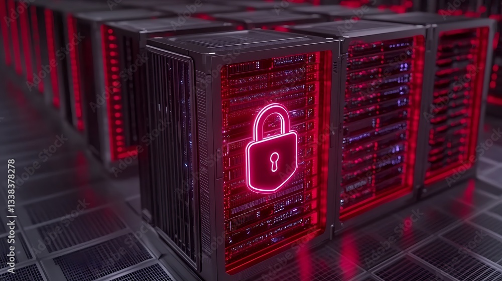 Poster neon illuminated padlock symbol on data storage servers in a high-tech digital environment showcasin