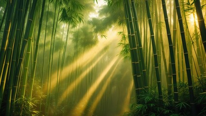 Morning sunlight filtering through an Asian bamboo forest.