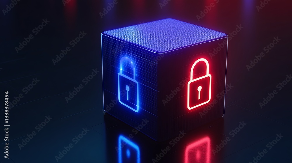 Poster neon light lock symbol on cube in dark background for cybersecurity and data protection themes