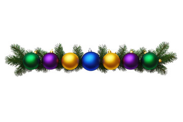 festive garland with colorful Christmas ornaments and green pine branches, featuring gold, purple, blue, and green baubles, perfect for holiday decoration