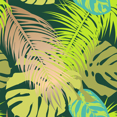 Seamless Tropical Pattern with Green, Gold, and Blue Monstera Leaves and Palm. Exotic Jungle Foliage Background for Textile, Wallpaper, and Fabric Design