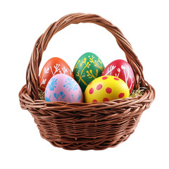 Set of Colorful Easter Eggs in Wicker Basket, Isolated on transparent background 