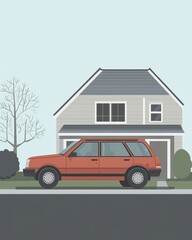 Red SUV Parked in Front of a Modern House on a Quiet Street