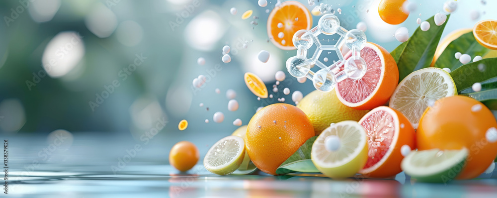 Poster vibrant display of citrus fruits including oranges, lemons, and grapefruits is enhanced by holograph