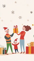 Naklejka premium Family Celebrating Christmas with Gifts and Joyful Expressions