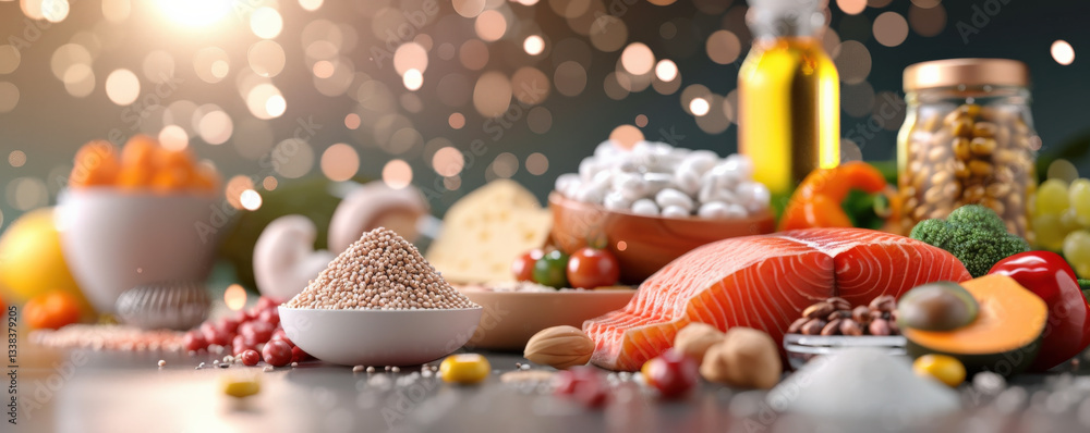 Poster variety of nutritious foods including salmon, grains, nuts, and vegetables are displayed table, crea