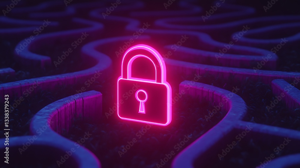 Poster neon lock icon in a digital maze representing security and protection in a modern technology environ