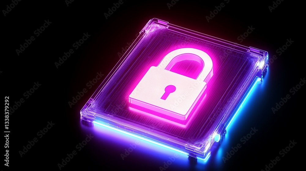 Poster neon lock icon on a transparent background with glow effect for digital security and technology conc