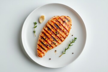 grilled chicken breast with herbs on a white plate
