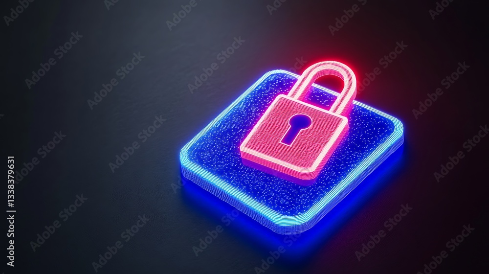 Poster neon lock icon on dark background with glowing effects and sparkle texture, digital security concept