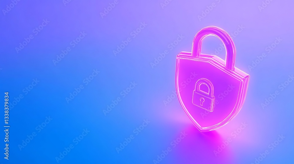 Poster neon lock icon on shield symbolizing digital security and data protection concept in modern technolo