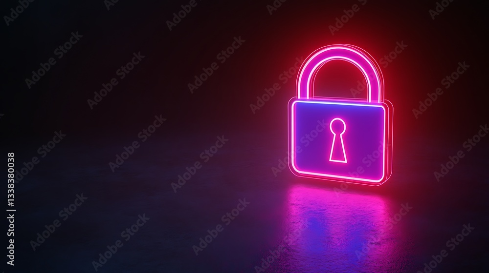 Poster neon lock icon with bright glow on dark background representing digital security and protection conc