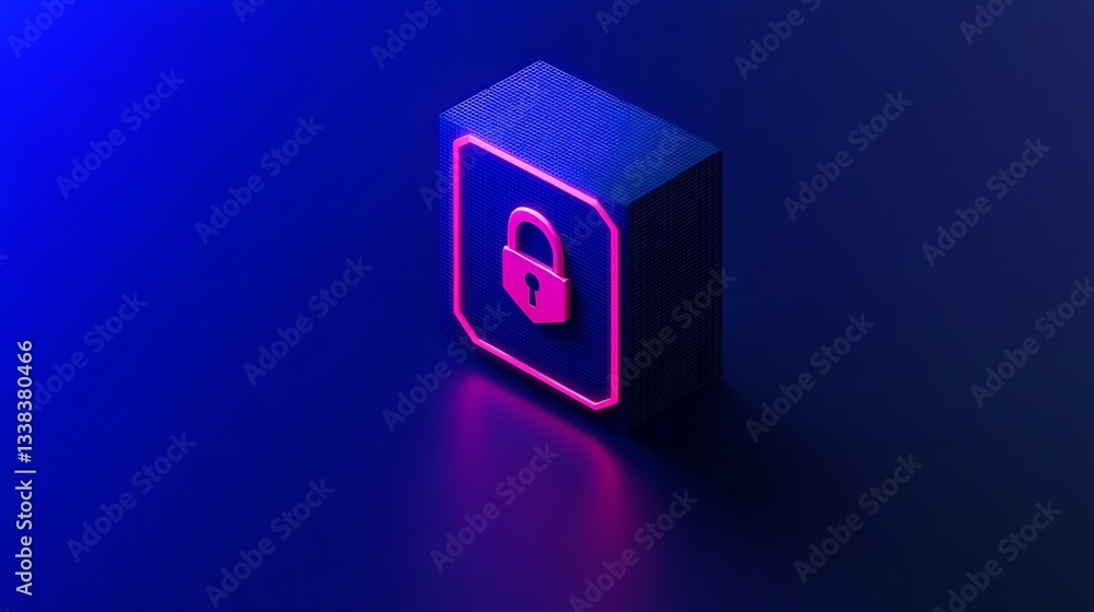 Poster neon lock icon with glowing outline representing cybersecurity and data protection concepts in moder
